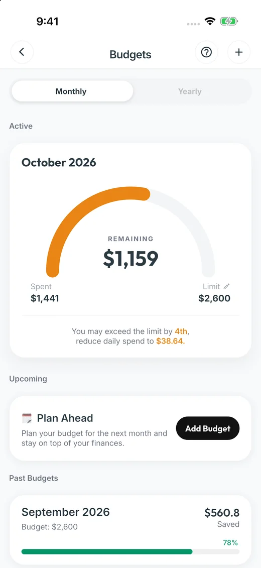 Monthly budget progress, remaining amount, and past budgets in Gist Money
